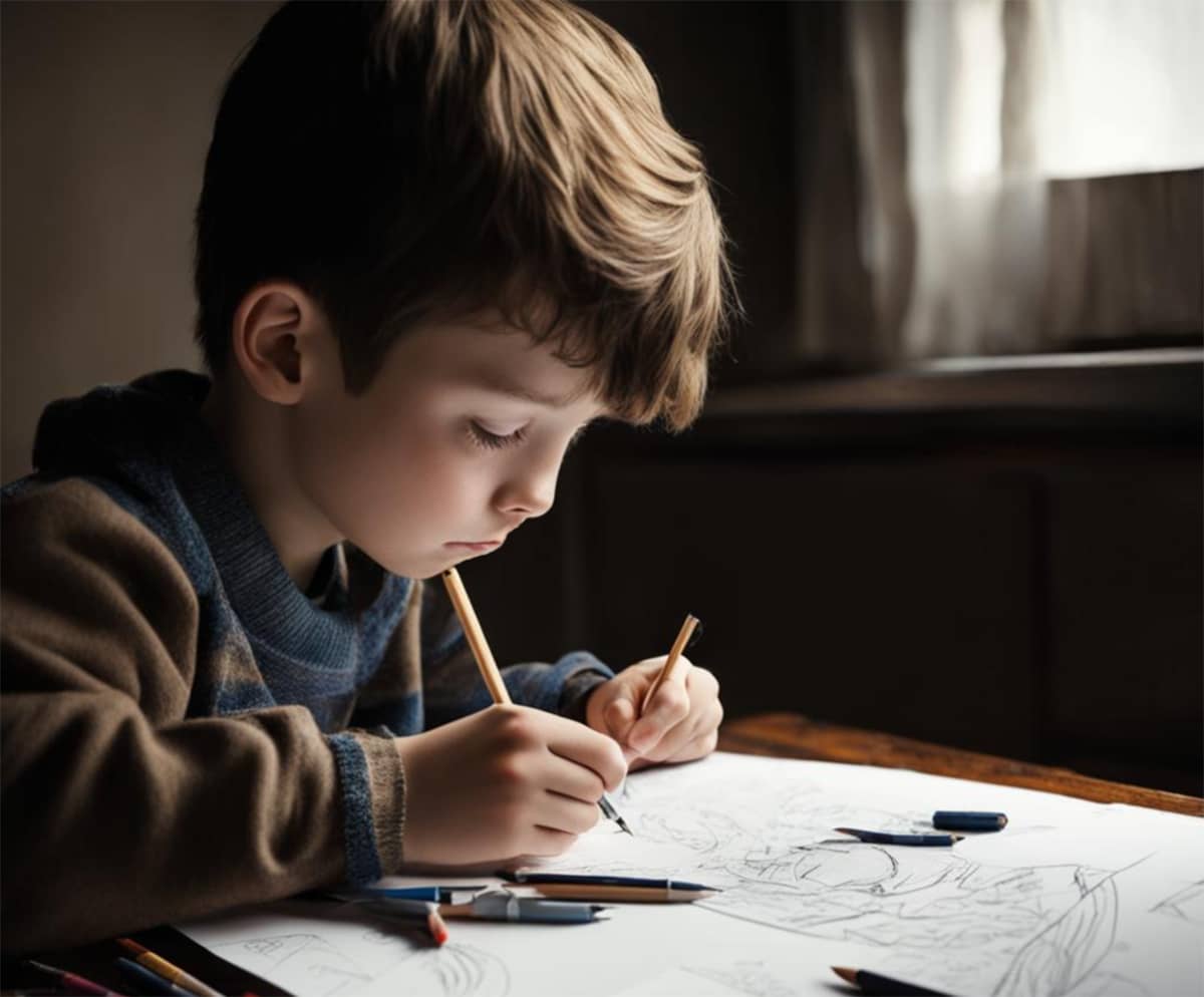 Мальчик рисует картинки
