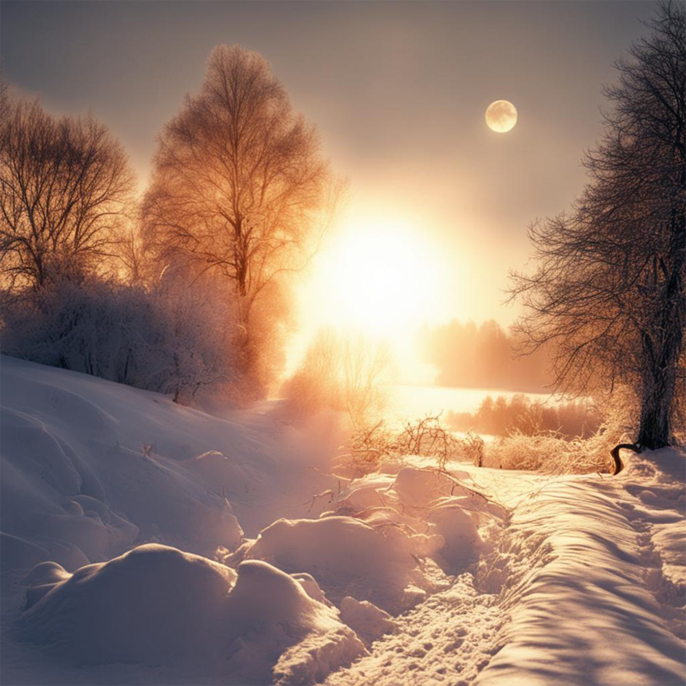Солнце на зимнем пейзаже с луной 18